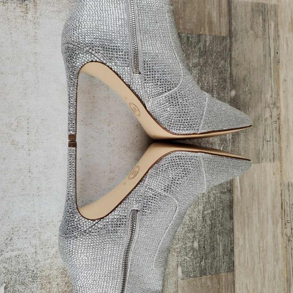 Michael Kors Rue Bootie Womens Sz 6 M Silver Rhinestone Pointy Toe Stiletto Heel